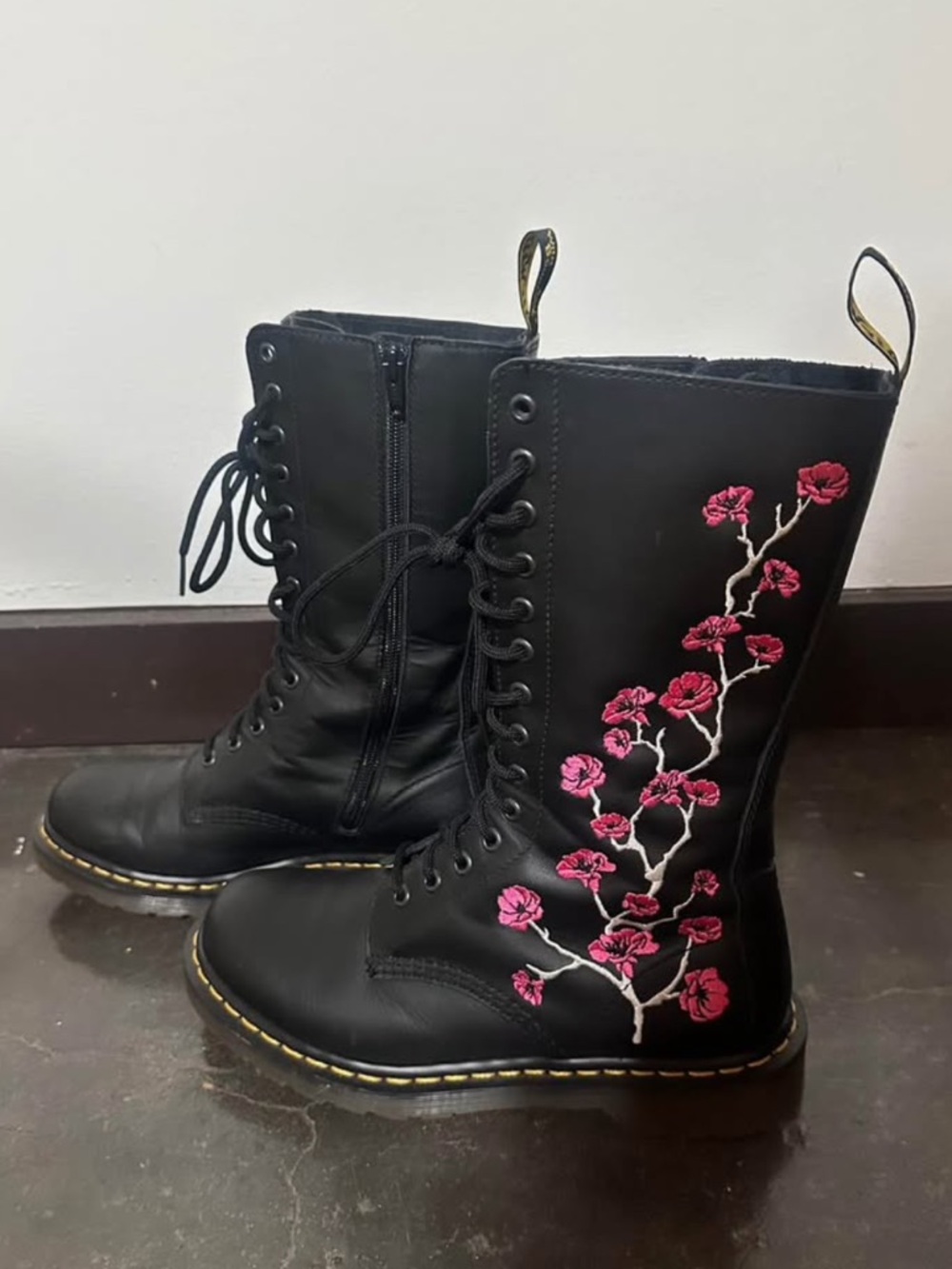Dr. Martens Black Boots with Pink Floral Embroidery